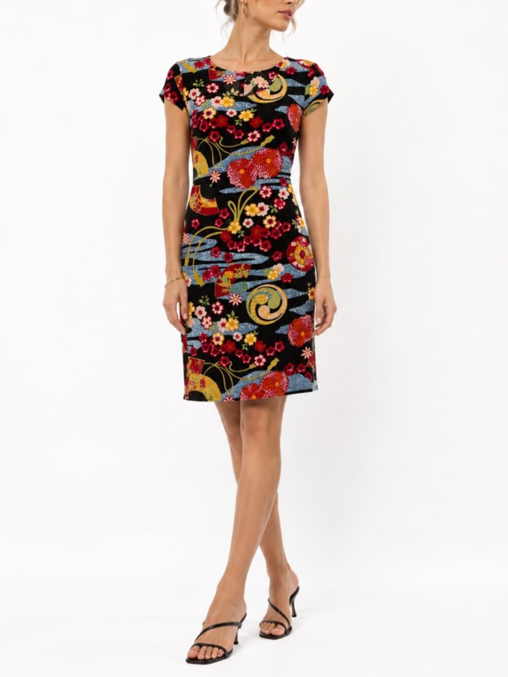 90s Slinky Brand Japanese Floral Fan Print Midi Dress XS